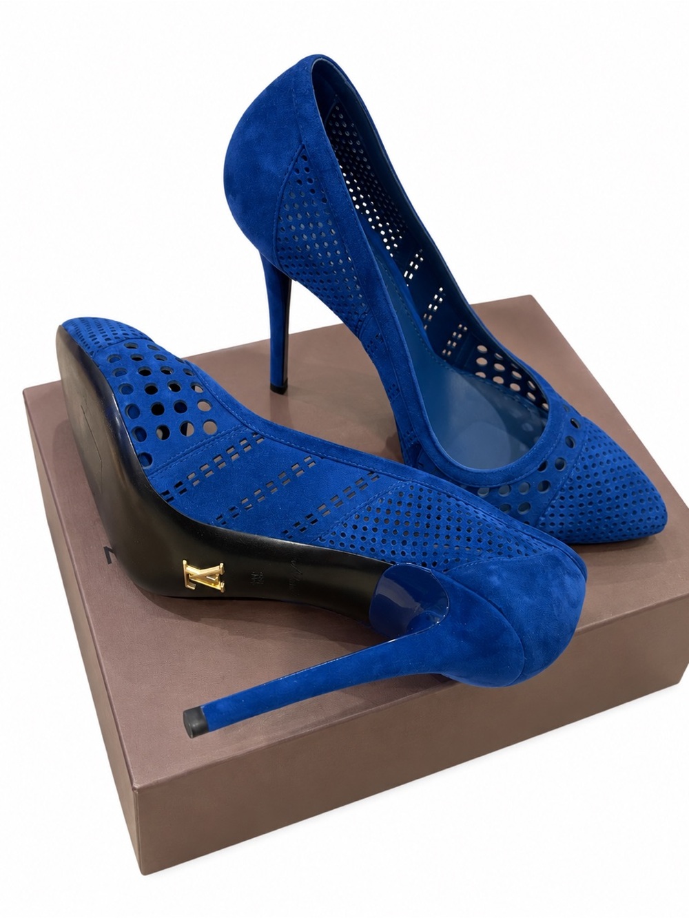 Louis Vuitton Cobalt Blue Suede Perforated Stiletto Pumps
